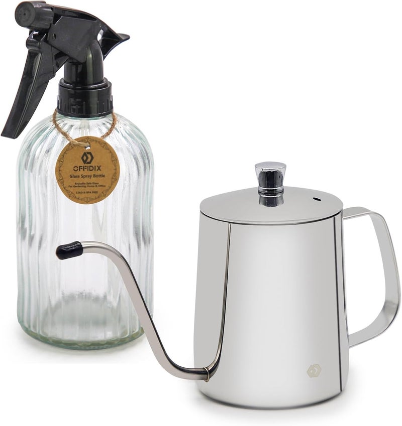 OFFIDIX Watering Can for Indoor Plants,Long Spout Metal Stainless Steel 21 oz/600 ml Watering Can with 14 oz/400ml Glass Plant Mister Spray Bottle for House Plant Bonsai - Image 1